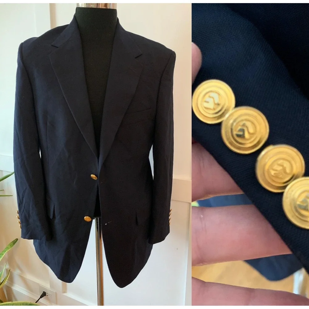 Vtg Wimbledon England 40R Navy Blue Gold Button Blazer Sports Coat Wool Blend